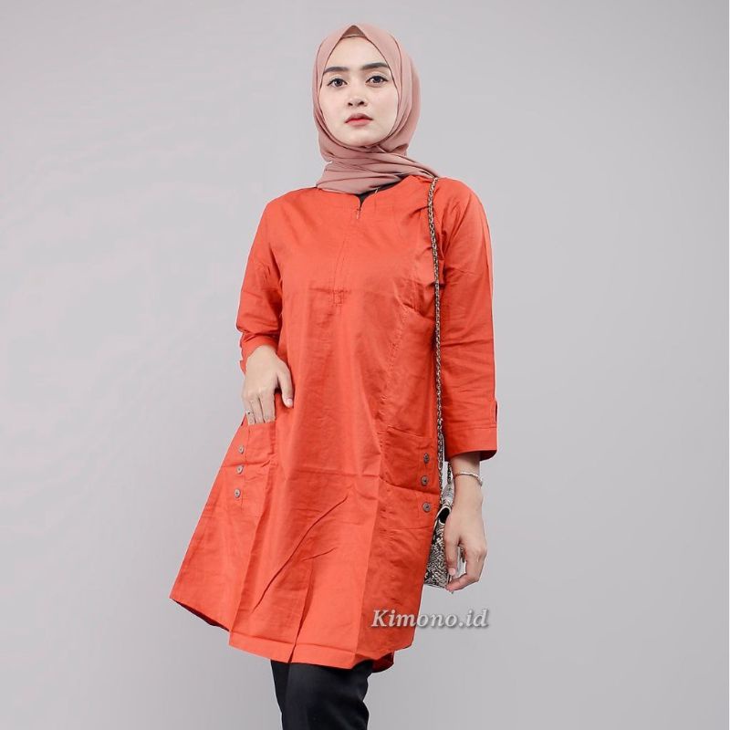 Tunik Wanita Putih Baju Kantor Kekinian motif Polos Resleting Aktif Ada Baju Wanita Cantik Baju wani