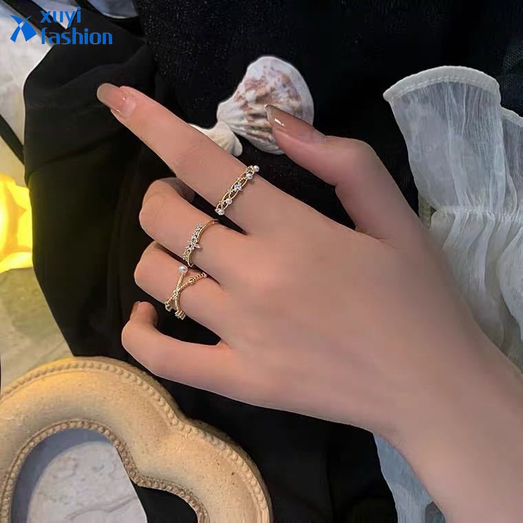 Cincin Terbuka Emas Elegan Cincin Berongga Kristal Mutiara Untuk Perhiasan Aksesoris Fashion Wanita