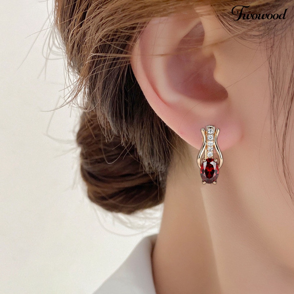 Twowood 1pasang Drop Earrings Oval Cut Faux Gemstone Temperamen Shiny Cubic Zirconia Hias Dress Up Hadiah Wanita Mewah Menjuntai Anting Perhiasan Pernikahan