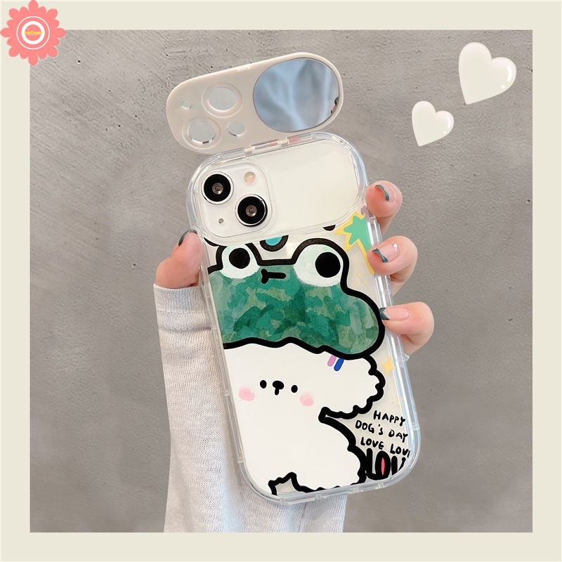 IPHONE Kreatif Flip Make Up Cermin Graffiti Case Kompatibel Untuk Iphone11 12 13 14 Pro MAX 7Plus 8Plus XR 14 Plus X XS MAX SE 2020 Lucu Kartun Hewan Kodok Anjing Kelinci Soft Case