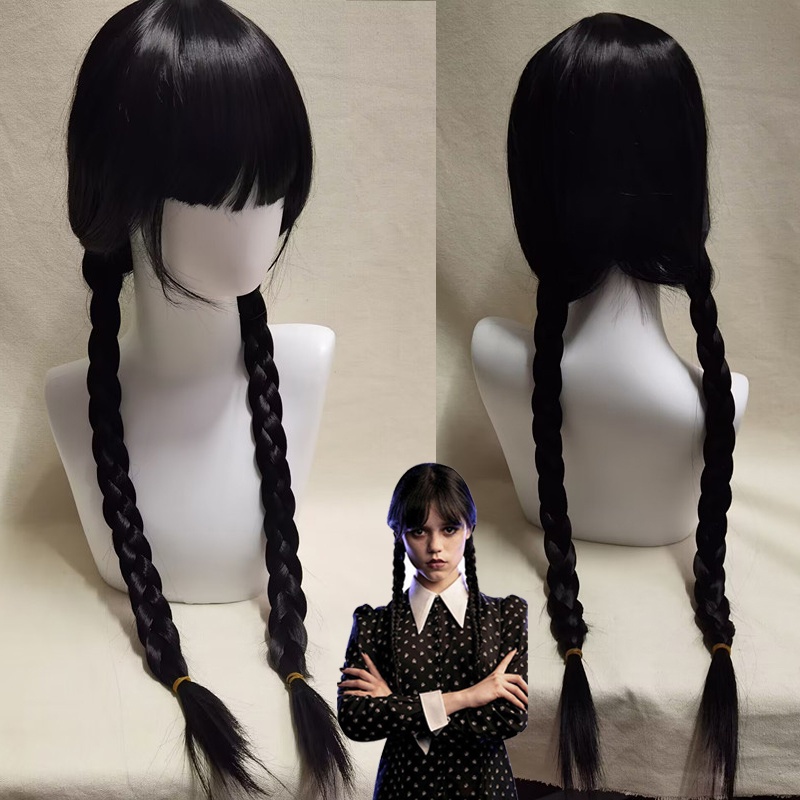 Film Rabu Addams Cosplay Wig Addams Keluarga Cosplay Gadis Wig Panjang Kepang Hitam Tahan Rambut Wig Sintetis