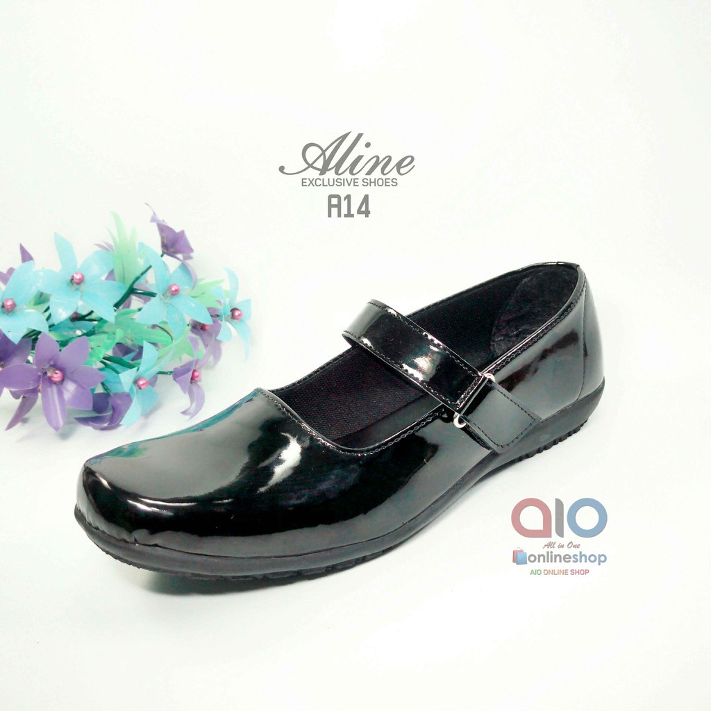 Aline Sepatu Pantofel Paskibra Hitam Kilap Glossy Flat Paskibraka Paskib Wanita A14