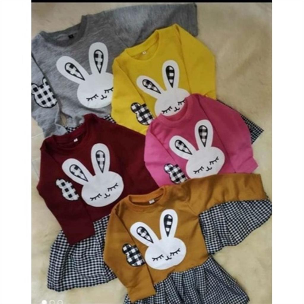 OTS 174 - Baju Anak Cewek Kelinci Dress Anak Perempuan Motif Kelinci Rabbit Bahan Katun Babby Terry