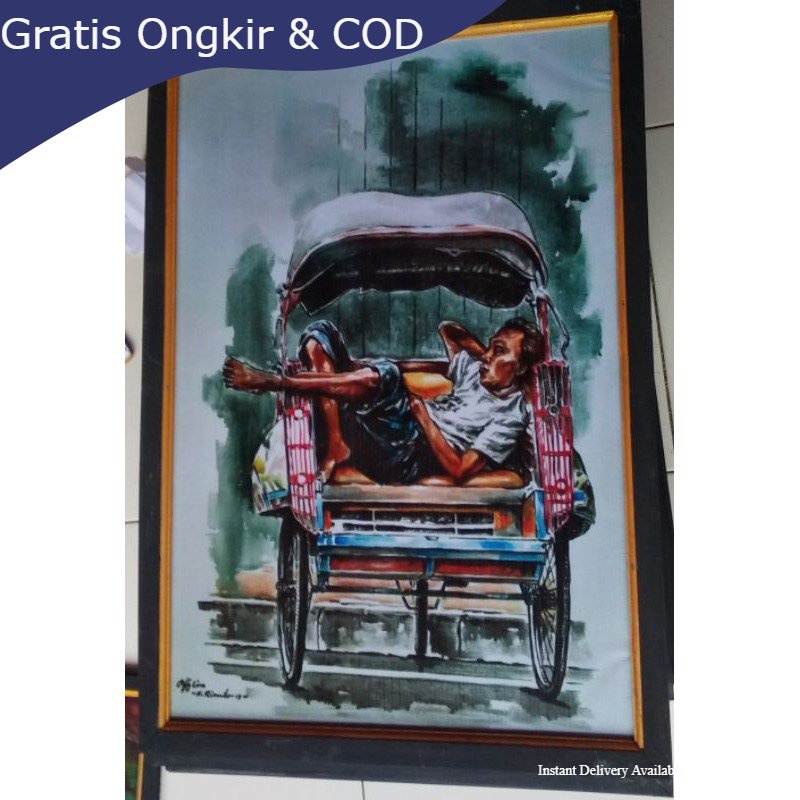 Lukisan murah poster murah hiasan dinding gambar  tukang becak plus bingkai ukuran 65×45