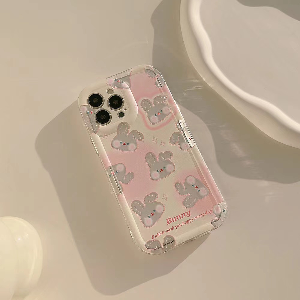 IPHONE Ins Pola Kelinci Cocok Untuk Iphone14 14pro 14plus 13 13mini 13pro 13prm iPhone12 7Plus 8Plus Xr XS 13 12mini Pro Max Empat Sudut Casing Ponsel Transparan Tahan Guncangan