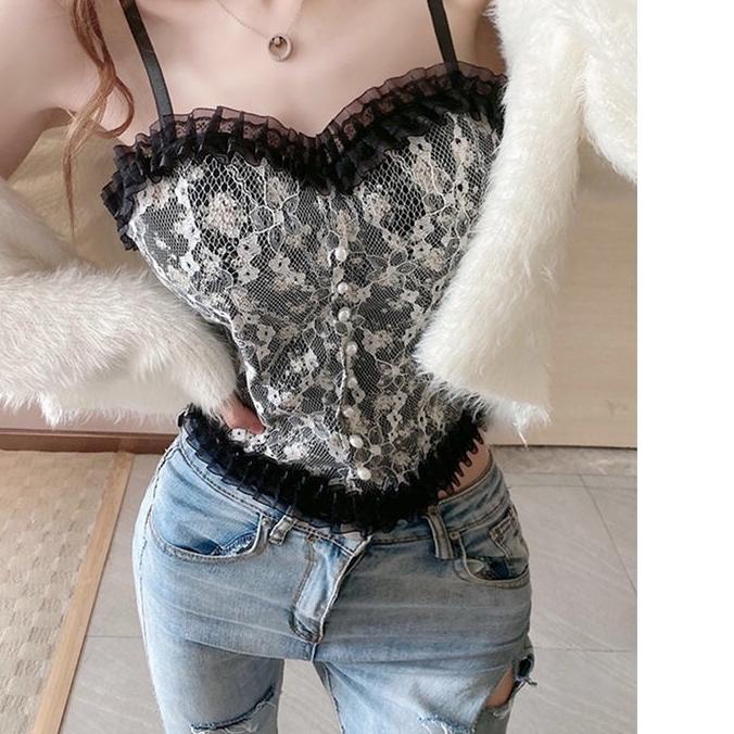 Original ⭐⭐Tanktop Kamisol Seksi renda bunga pakaian dalam wanita pakaian luar tanpa lengan ?
