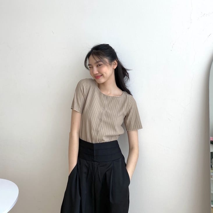 (MSB) BLOUSE KAHIYANG CROP TOP FULL KANCING KEMEJA BAHAN KNIT