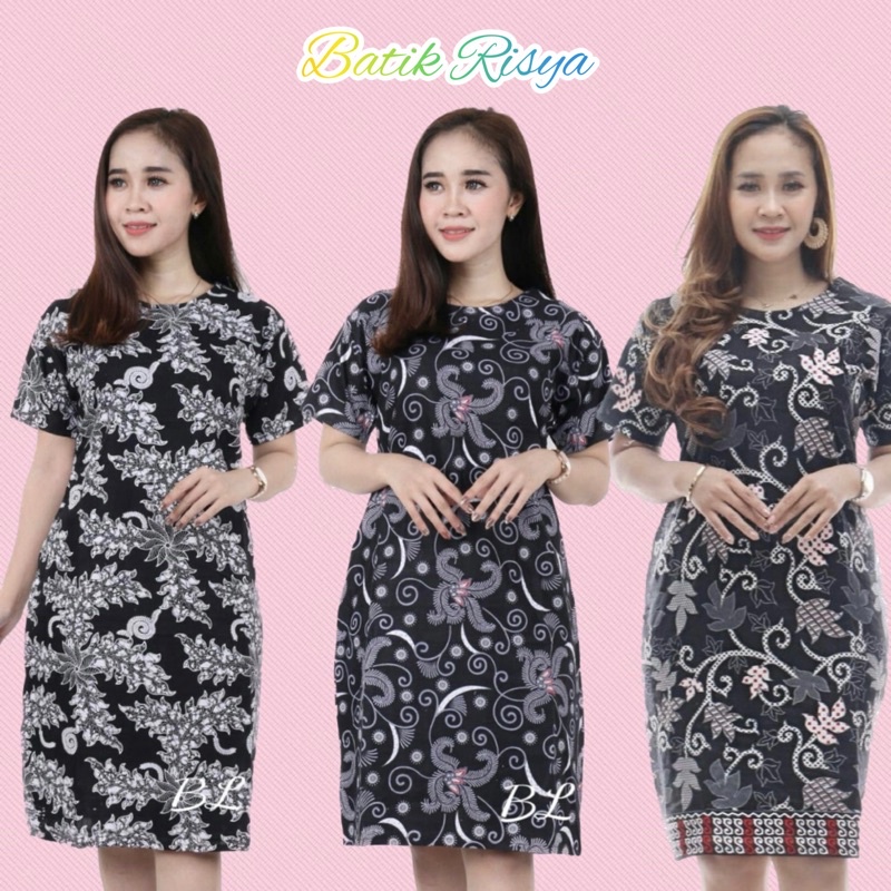 BAJU SIZE JUMBO DRESS BATIK WANITA JUMBO XXXXL / 4L LENGAN PENDEK MOTIF HITAM PUTIH SALJU