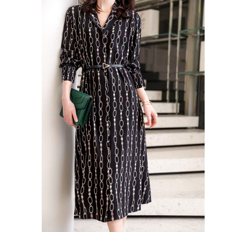 83120 Pakaian baju midi dress lengan panjang hitam motif cantik santai nyantai pergi jalan acara lib