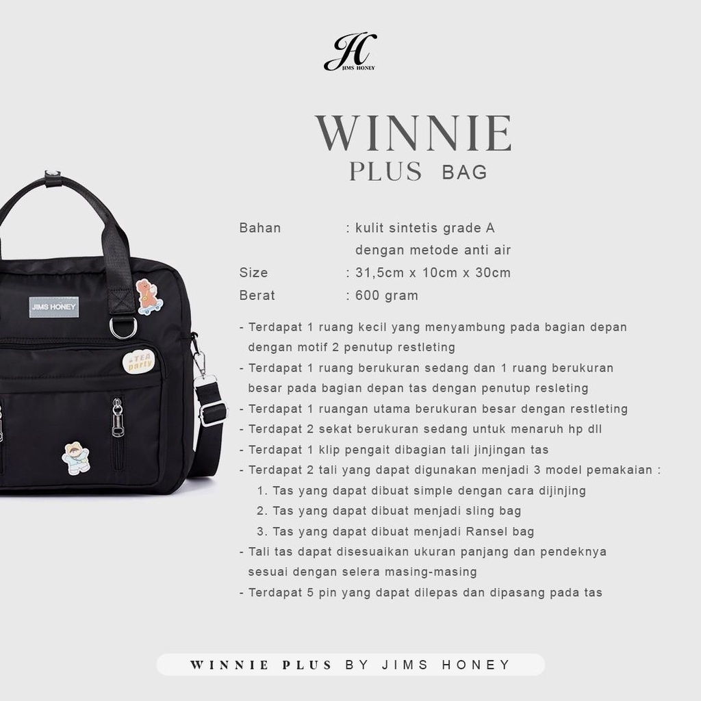 Jims Honey Winnie Backpack Tas Laptop Ransel Punggung Pria dan Wanita Unisex