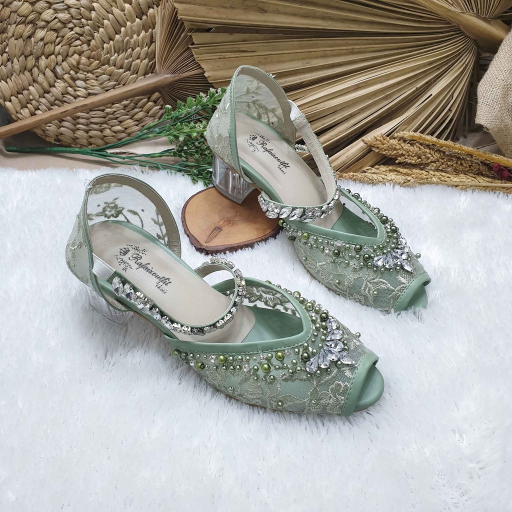 Sepatu wedding pesta cantik Lavanya hijau mint 5cm kaca