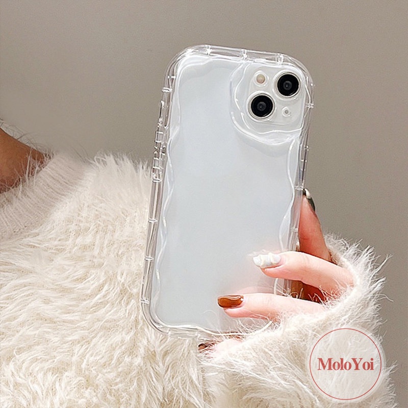 Casing Ponsel GlossyCushion Halus Kompatibel Untuk iPhone 7plus XR 11 12 13 14 Pro MAX X XS MAX 7 8 Plus SE 2020 Fashion Bingkai Gelombang Cat Air Sederhana Tepi Bergelombang Casing Lembut Tahan Guncangan