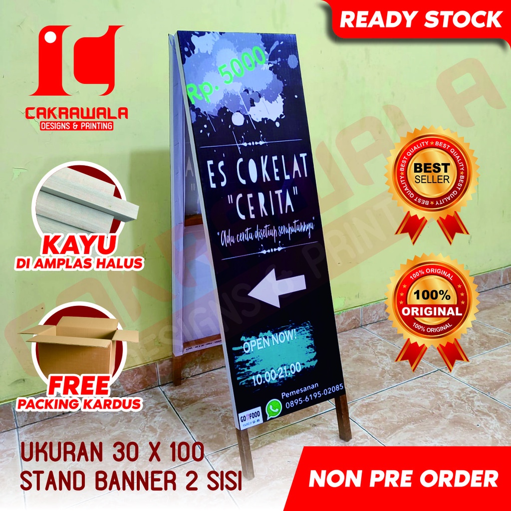 STAND BANNER KAYU ES COKLAT CERIA UKURAN 30 X 100 - STANDING PROMO BANNER JUALAN - SEGITIGA BANNER K