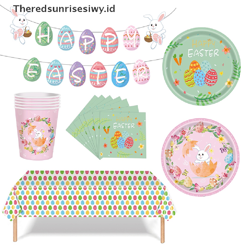 # Baju Lebaran # Happy Easter Banner Bunny Egg Plate Gelas Kertas Serbet Taplak Meja Dekorasi Paskah~