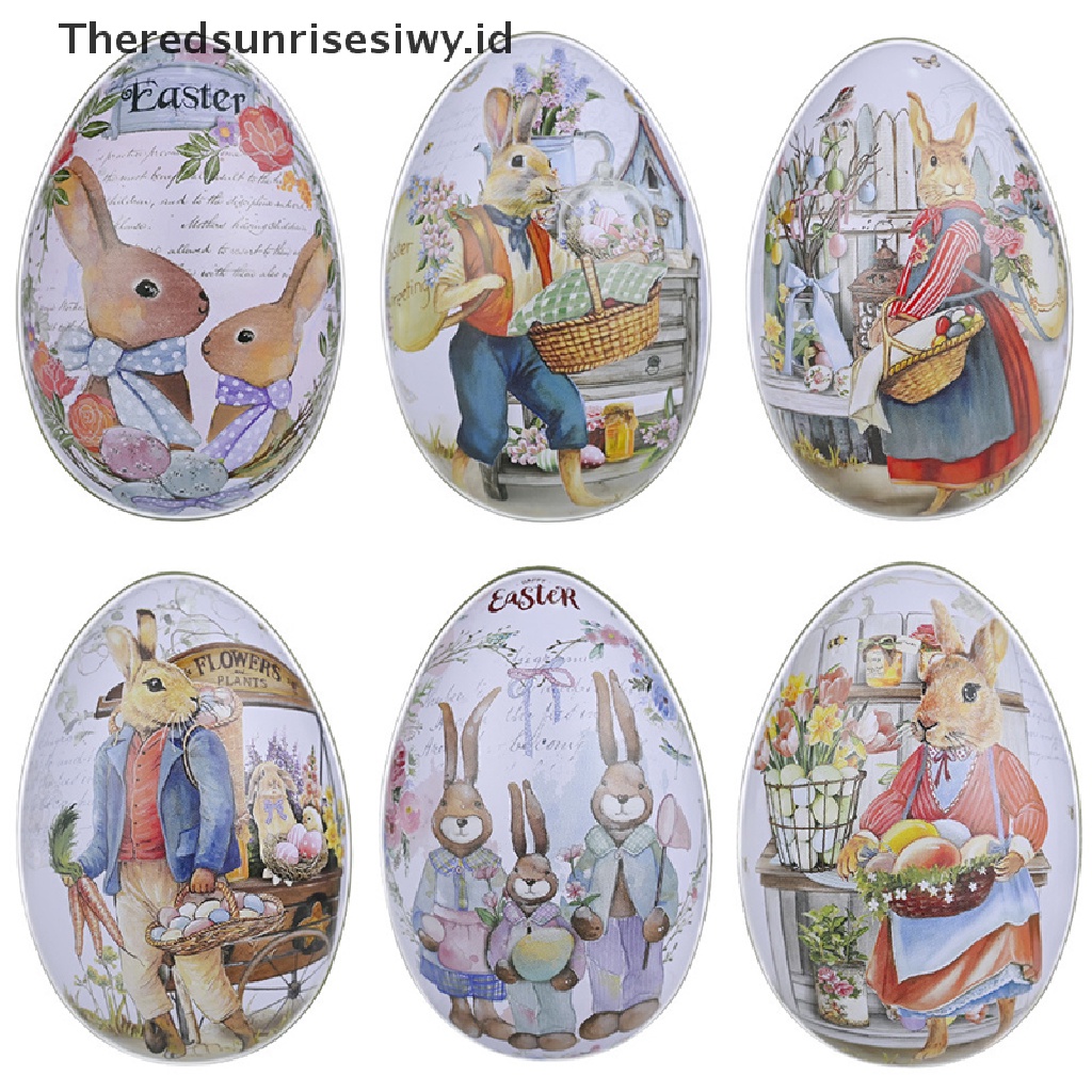 # Baju Lebaran # 1pc Easter Egg Tinplate Box Motif Kartun Kelinci Telur Permen Kotak Coklat~