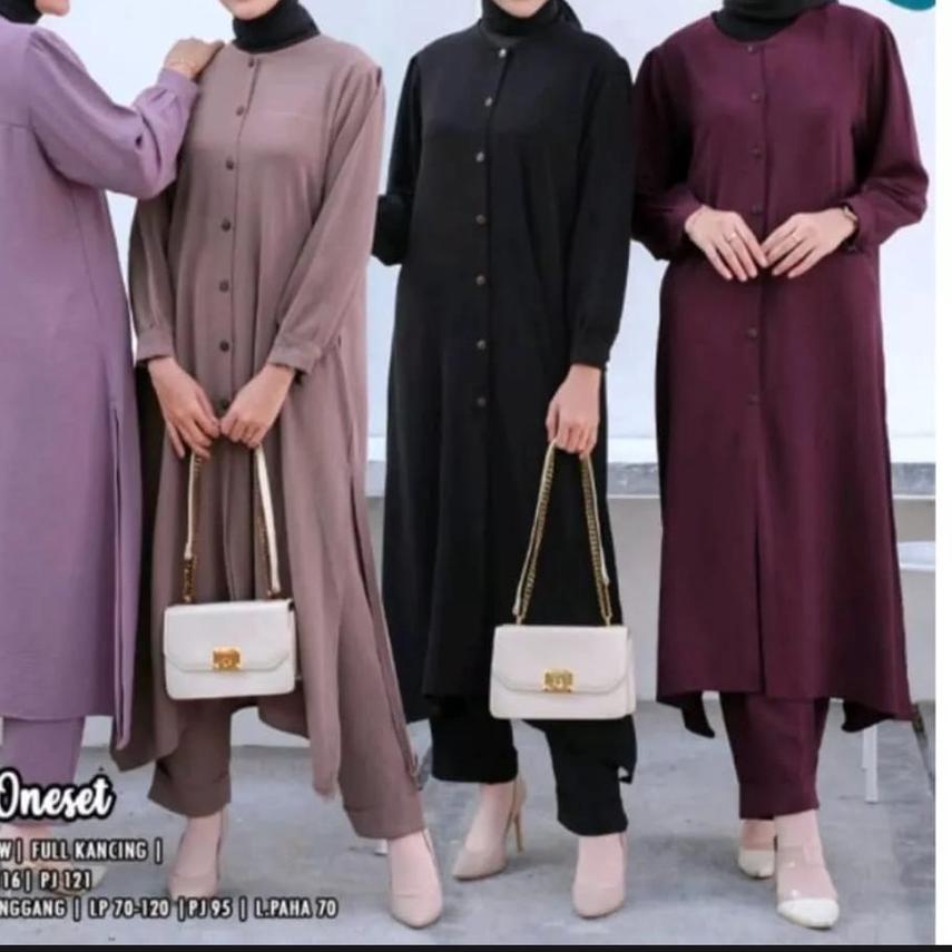 ֍ Stelan Long Tunik Cringkle Kemeja Kancing Depan Belakang || ONE SET LONG TUNIK CRINKLE DIVYA ONE S
