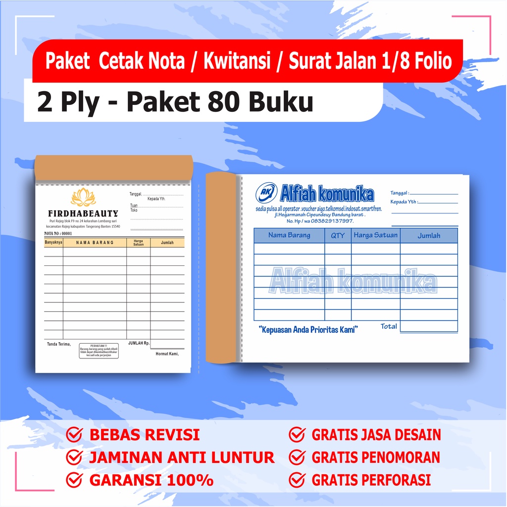 

cetak Nota custom 2 ply / Paket 80 buku 2 Rangkap ( 1 RIM ) nota custom surat jalan custom BEBAS DESAIN