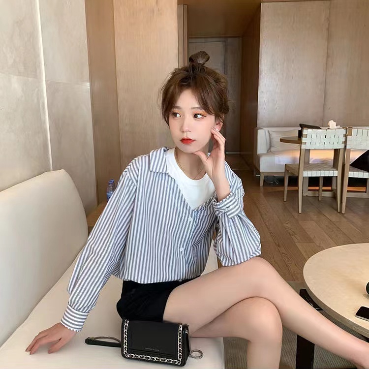 yikoo-Kemeja korea bergaris-garis kain perca putih shirt atasan wanita