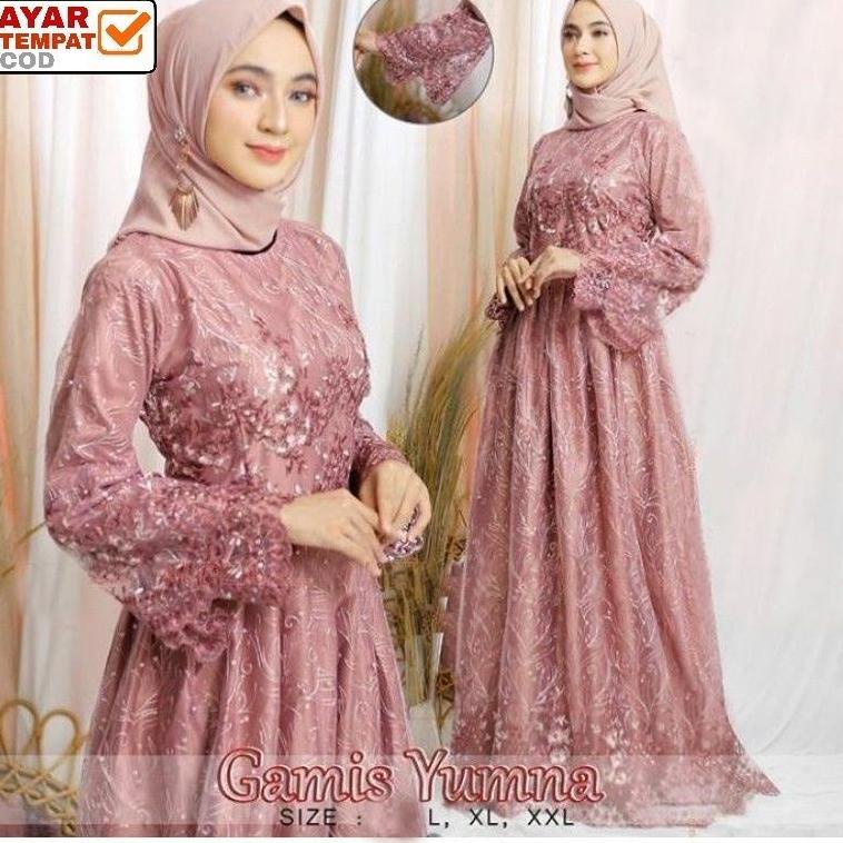 Murah Size L XL XXL / Gamis Pesta / Gamis Jumbo / Maxi Dress / Gamis Tile / Gamis Maxi Brokat Yumna