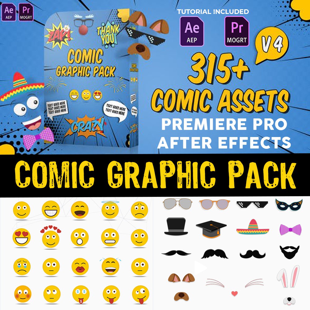 

NS Comic Titles – Speech Bubbles – Emoji – Stickers – Flash FX Graphic Pack for Premire Pro & After Effect