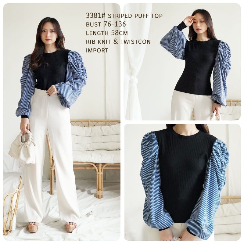 MDLV ~ 3381# Striped Puff Top Black Blouse Import