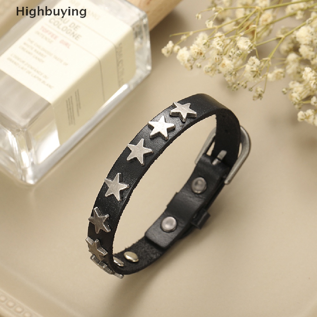 Hbid Punk Vintage Sabuk Gesper Gelang Lilit Paku Bintang Rivet Gelang Kulit Cuff Bracelet Glory