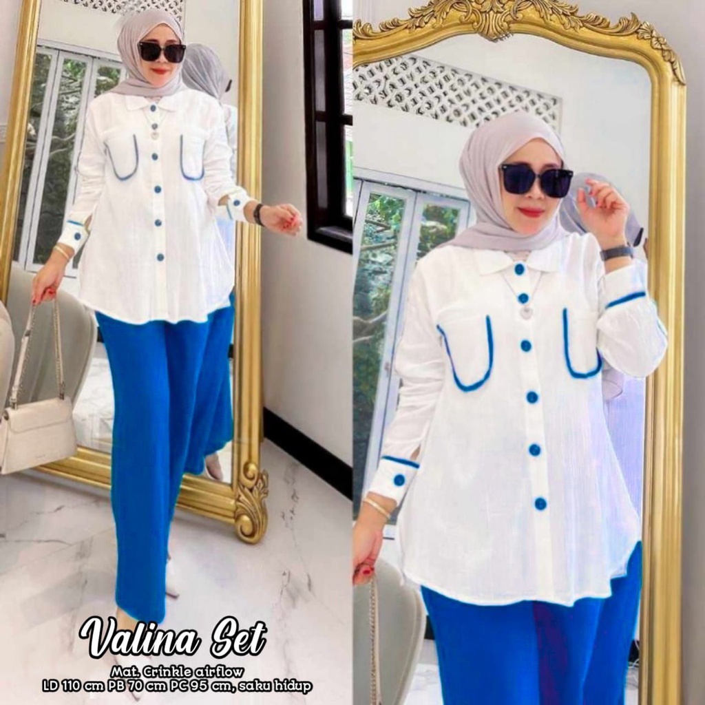 Valina Set - One Set Wanita Kemeja Rayon Premium Setelan Baju Lengan 7/8 Set Celana Panjang Kekinian LD 110 cm