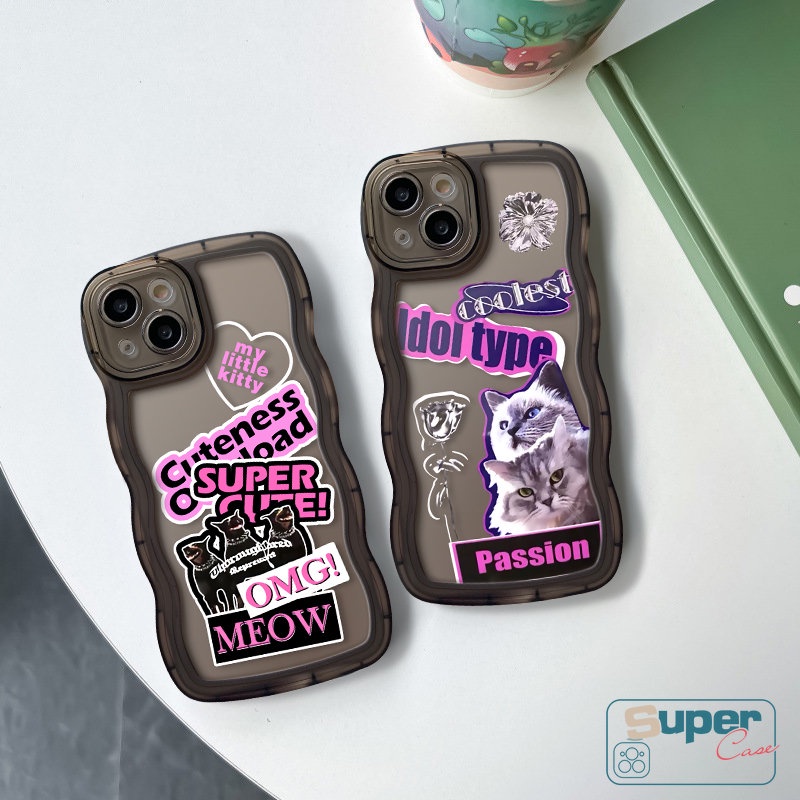 IPHONE Label Stiker Merek Modis Trendy Casing Ponsel Kucing Keren Kompatibel Untuk Iphone11 14 7 8 Plus X XS Max 13 12 Pro Max XR 6s 6 14 Plus SE 2020 Tepi Bergelombang Soft Case