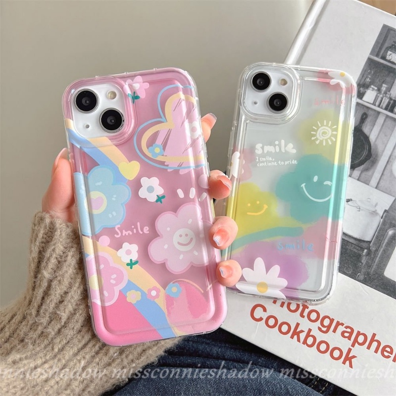 IPHONE Ins Korea Shockproof Airbag Case Kompatibel Untuk Iphone11 14 13 12 Pro Max7 8 6 6S Plus XR X XS MAX Senyum Lucu Segar Cat Air Bunga Awan Cinta Hati Lembut TPU Penutup Belakang