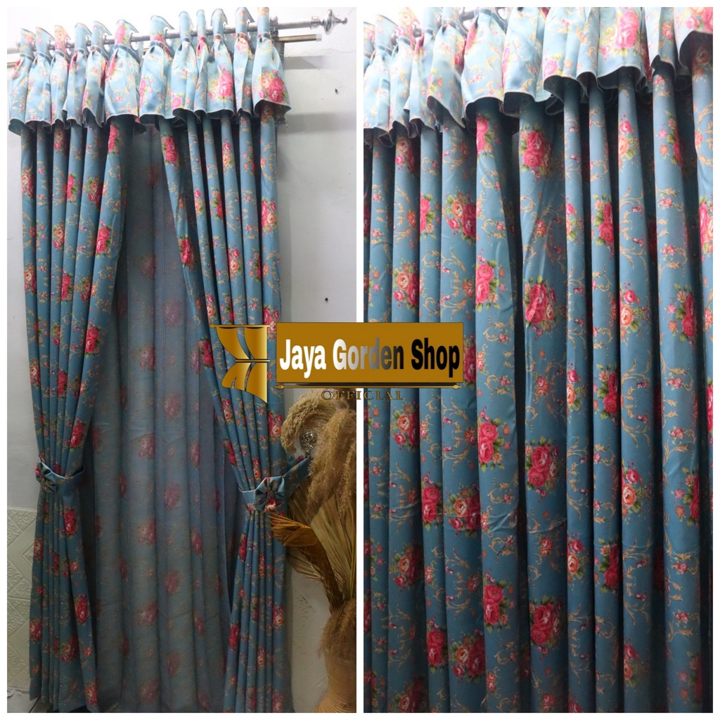 Hordeng Jendela Minimalis Motip Bunga Shabby Chic Model Poni Rumbai Mewah Blackout Import BIRU TOSCA