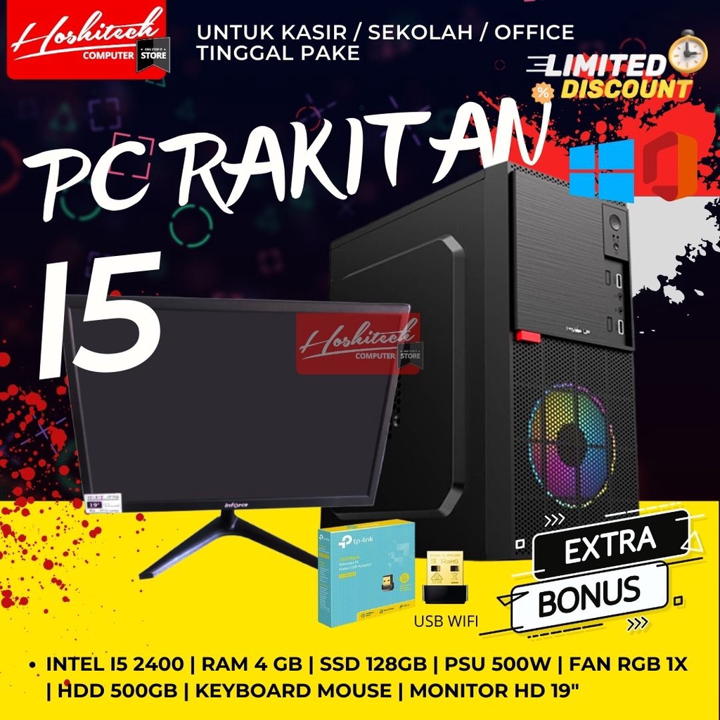 PC RAKITAN INTEL I5 MURAH RAM 4GB SSD128GB HD500GB MONITOR 19 INCH