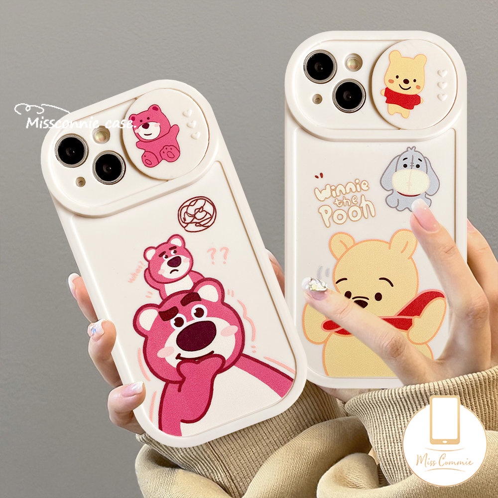 IPHONE Kartun Lucu Strawberry Bear Manyo Case Kompatibel Untuk Iphone11 7Plus XR X13 11 12 Pro Max 8Plus XS Max Push Pull Window Pelindung Lensa Kamera Winnie The Pooh Soft Cover