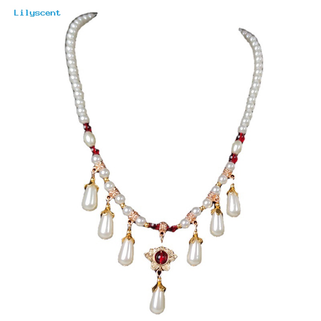 [LS] Hias Berlian Imitasi Teardrop Liontin Adjustable Vintage Kalung Wanita Mutiara Imitasi Cheongsam Kalung Perhiasan Aksesoris