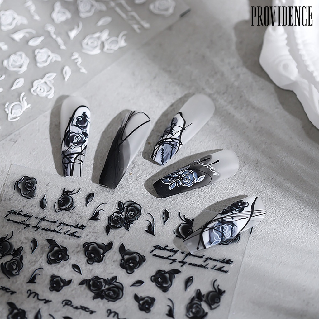 Providence Wanita Stiker Kuku Dapat Dilepas DIY Hias Putih Dan Hitam Mawar Relief Patung Dekorasi Kuku Perekat Diri Bunga Sekali Pakai Kuku Decals Aksesoris Kuku