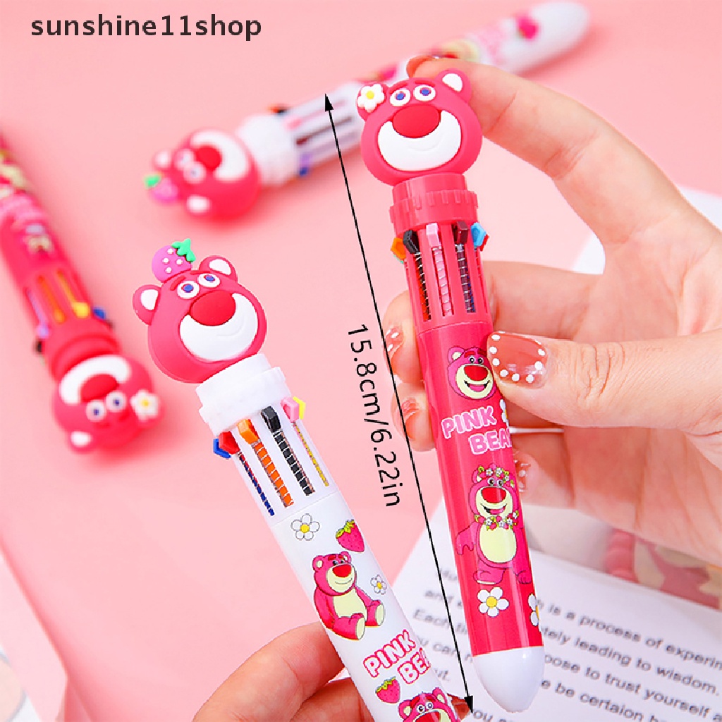 Sho Strawberry Bear 10warna Pulpen Bolpoin Multi Warna Kawaii Kartun Press-type Color Pen Alat Tulis Sekolah Multi-Fungsi Supply Hadiah Alat Tulis N