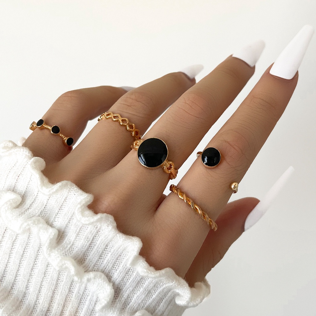 Kasual, Elegan Dan Modis Prancis Retro Geometris Hitam Putaran Minyak Menetes Adonan Goreng Twist Ring Lima Potong Set