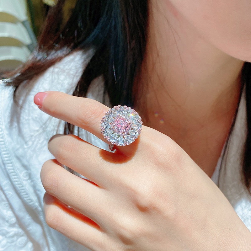 Goldkingdom Fashion Perhiasan Aksesoris Ready Stock Super Terang Bunga Sakura Musim Warna Harta Karun Cincin Bantal Berbentuk Argyll Pink Berlian Cincin Temperamen Gadis