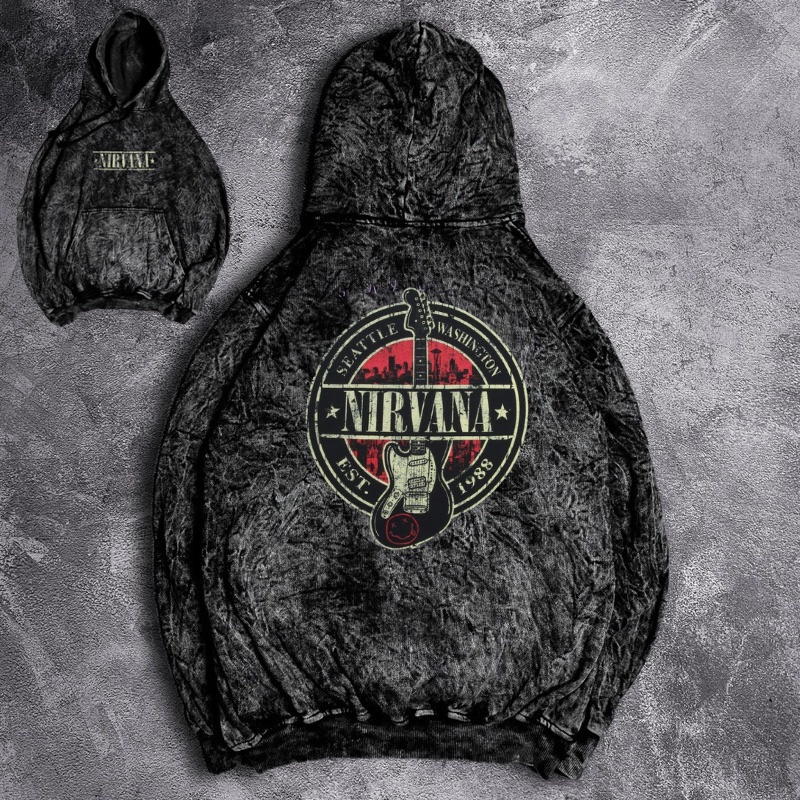 Hoodie Pria Sandwash Metal Terbaru Hits Nirvana Giutar Washed Grey Keren Kekinian