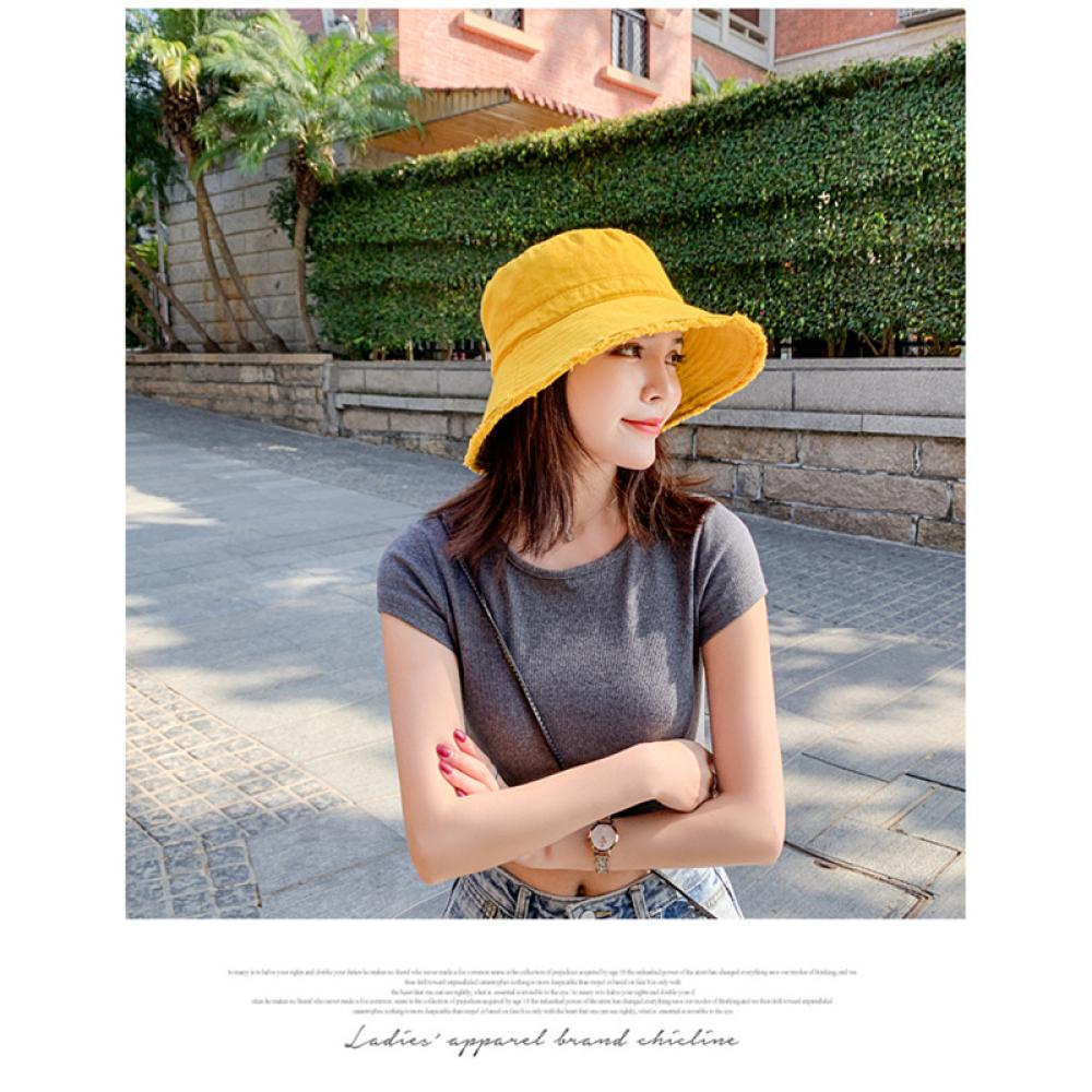 Timekey Wanita Topi Nelayan Outdoor Topi Perlindungan Matahari Warna Solid Raw Edge Fashion Topi Sederhana M1N7