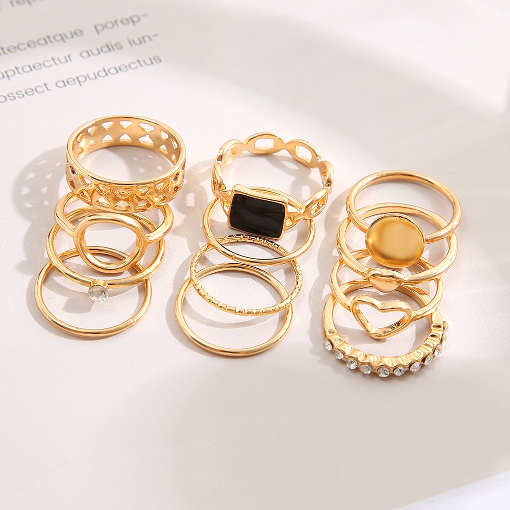 12pcs/set Retro Berongga Jantung Cincin Set Sederhana Lingkaran Geometris Dilipat Berlian Imitasi Cincin Perempuan Wanita Pesta Perhiasan