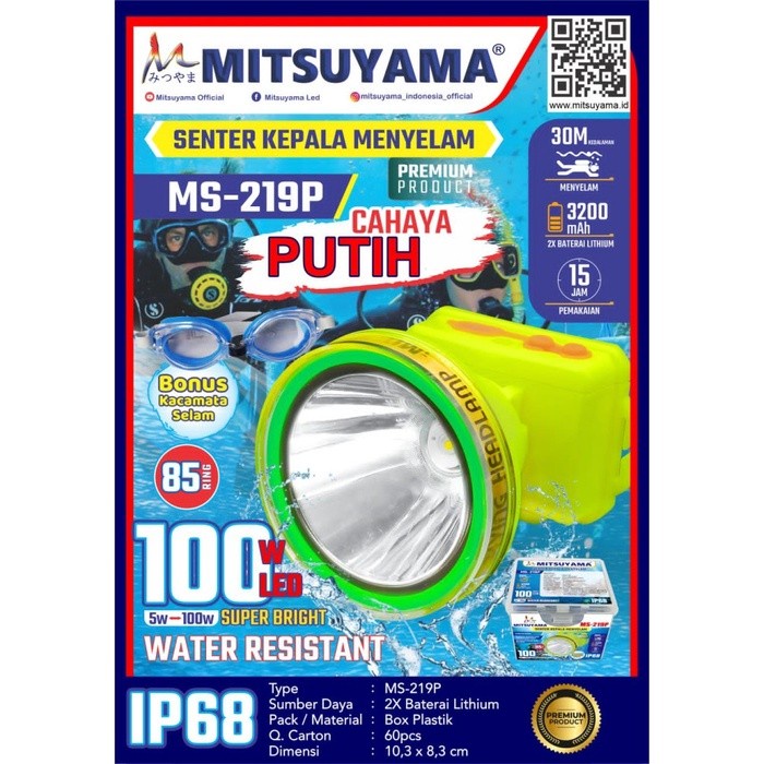 Senter Kepala Selam mitsuyama Ms219P MS 219P cahaya putih
