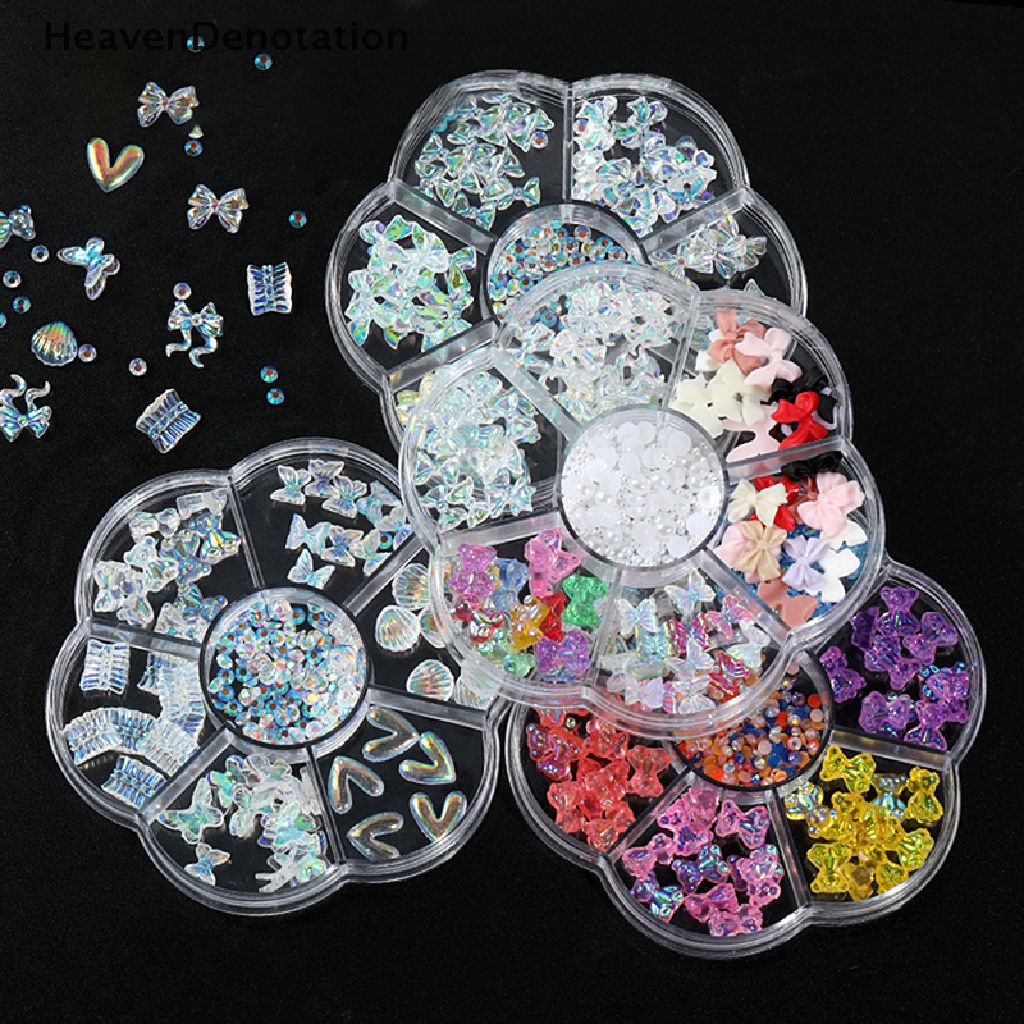 [HeavenDenotation] 3d Bunga Berlian Imitasi Mutiara Campur Set Box Nail Art Untuk Manicure DIY Profesional HDV