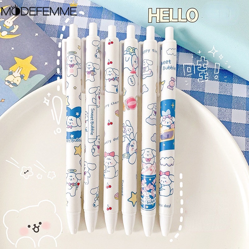 0.5mm Lucu Push-type Signature Pen Kawaii Netral Pen Siswa Press Pen Hitam Tinta Pena Kartun Bertelinga Anjing Air Pen Cetak Gel Pen Siswa Belajar Alat Tulis Perlengkapan Menulis