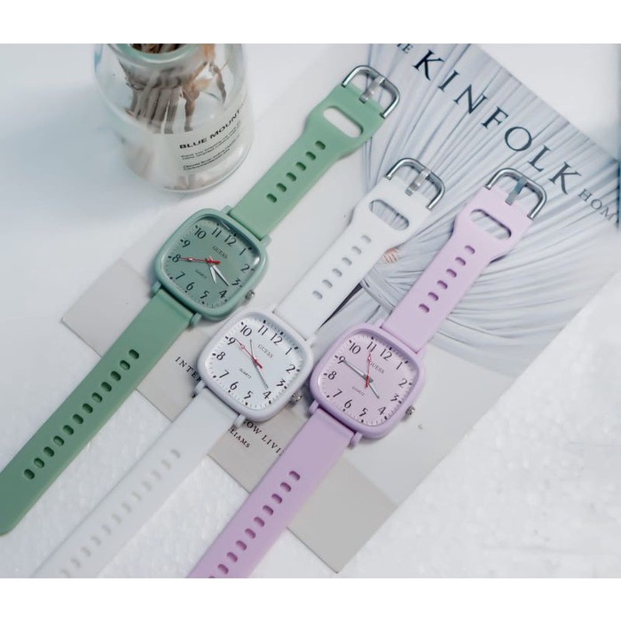 Jam Tangan Wanita Pria Analog Tali Strap Rubber Model Kotak