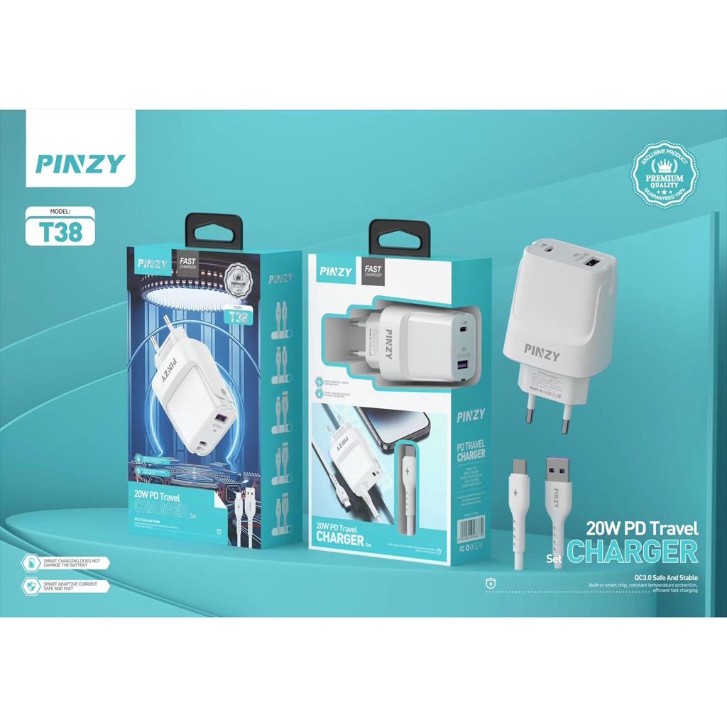 Charger PINZY T38 PD20W+QC3.0 18W Fast Charging include kabel USB