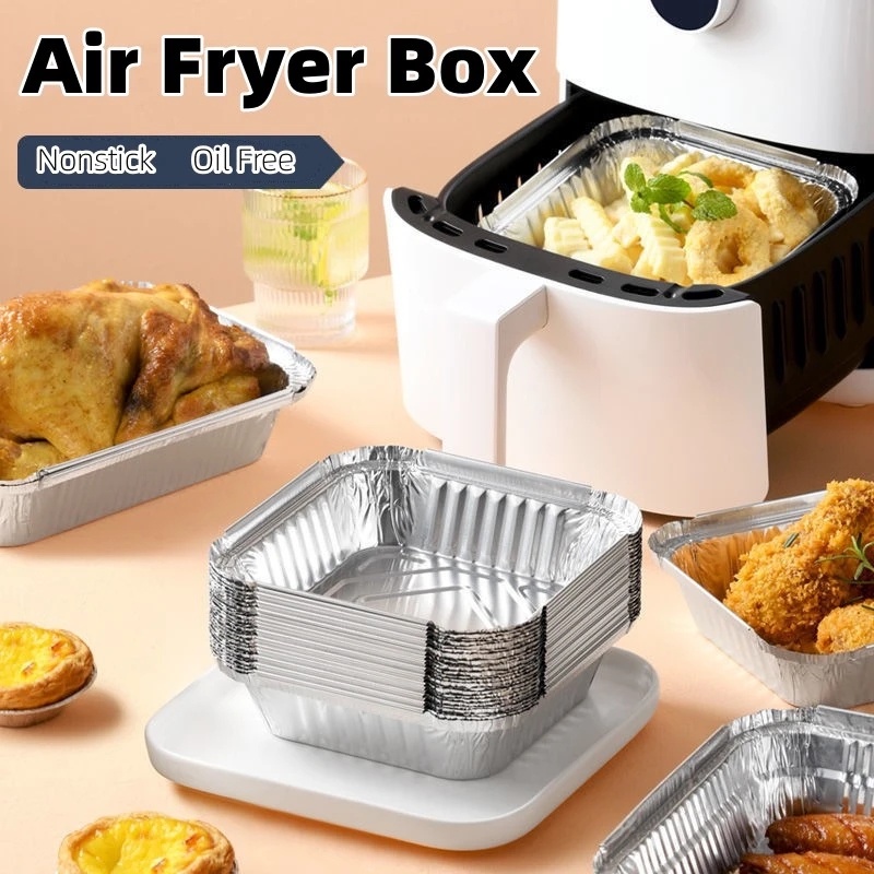 10pcs/set Disposable Non-Stick Air Fryer Aluminium Foil Tray/BBQ Kotak Kaleng Persegi Tahan Minyak Alat Dapur