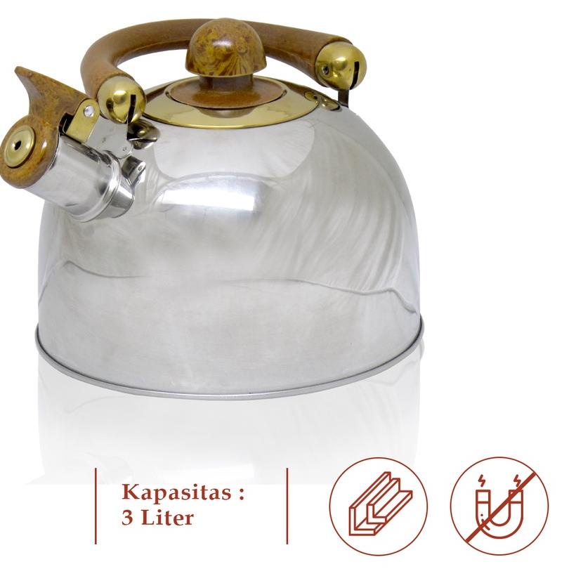 ♩ ROSH Teko / Ketel / Ceret 3 Liter Whistling Kettle Wooden Stainless Steel Anti Karat ROS ☜