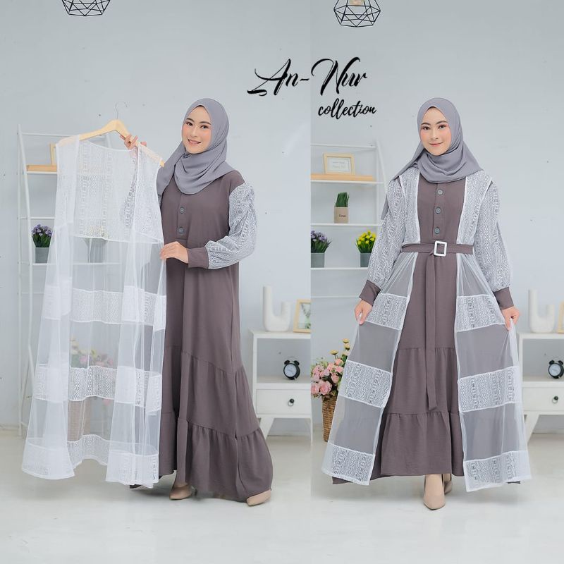 Gamis Dress Pesta Gamis Lebaran Model Terbaru OOTD Viral Gamis Muslim Wanita Kondangan Mewah Polos Kombinasi Brokat Tile Murah Gamis Brokat Rompi Ori Annur
