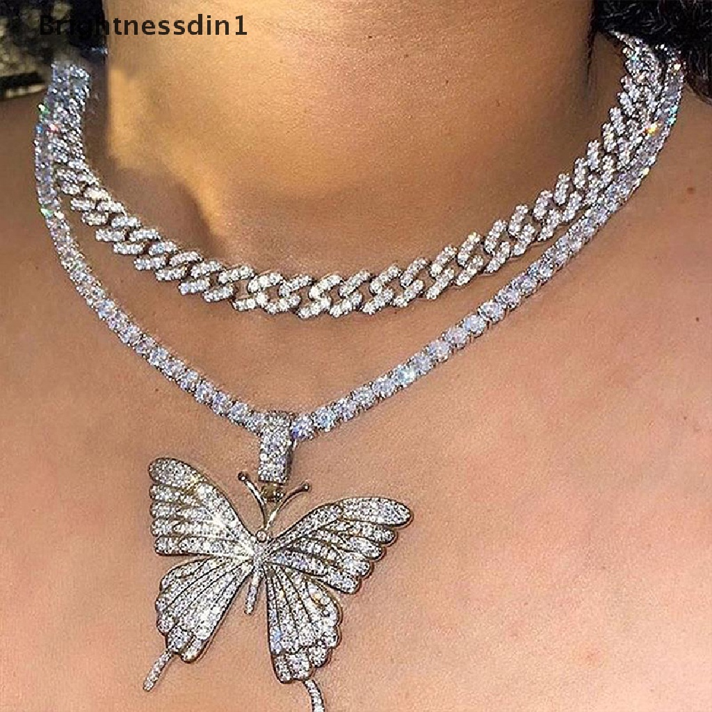 [Brightnessdin1] Elegan Putri Mulia Besar Kupu-Kupu Liontin Kalung Berlian Imitasi Rantai Untuk Wanita Bling Rantai Tenis Kristal Choker Kalung Perhiasan Butik