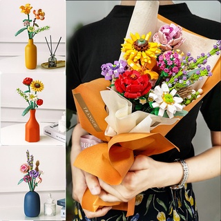 ️【COD】 Bunga Balok Mainan DIY Bouquet Flower Mainan Hadiah Mawar Merah Blok Bangunan Bunga